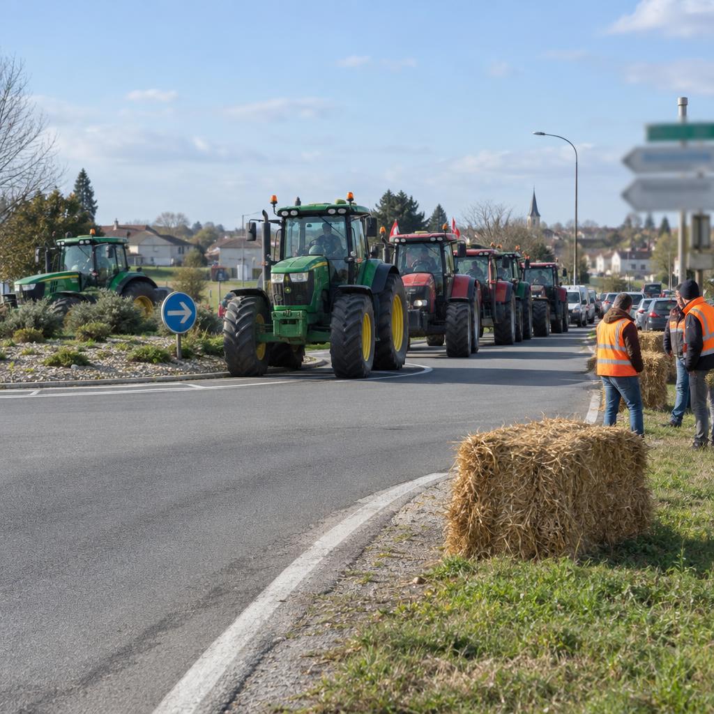 Image d'exemple : « Des tracteurs bloquent l’entrée de Mont-Roche ce matin. »