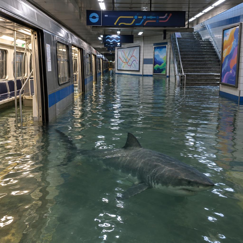 Image d'exemple : « Un requin dans le métro inondé ».