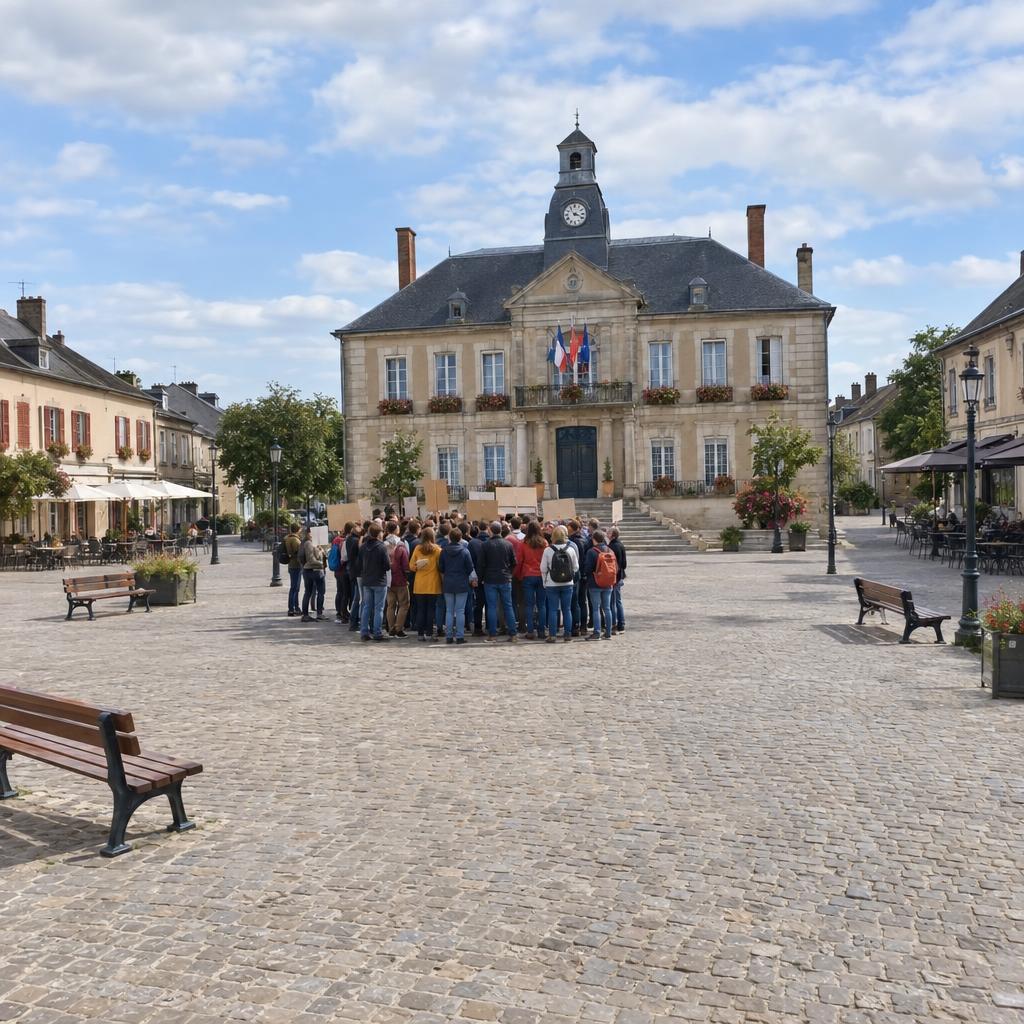 Image d'exemple : « Manifestation géante devant la mairie de Saint-Brival. »